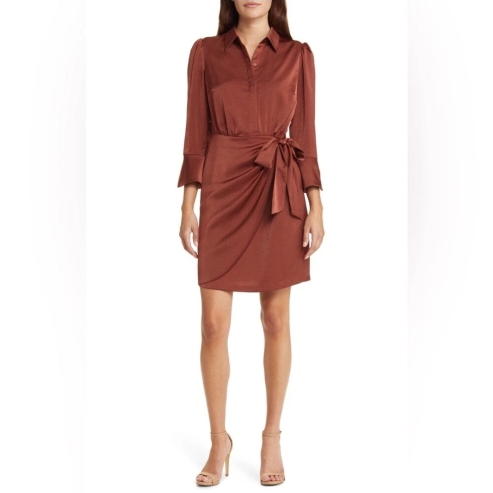 Vince Camuto | Rust Satin Long Sleeve Shirtdress 4